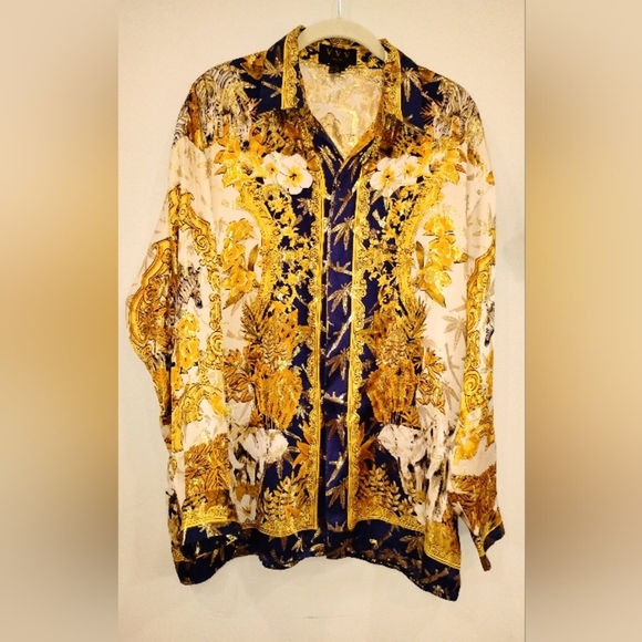 SILK GOLD METALLIC FLORAL SAFARI THEME SHIRT - Picture 2 of 12